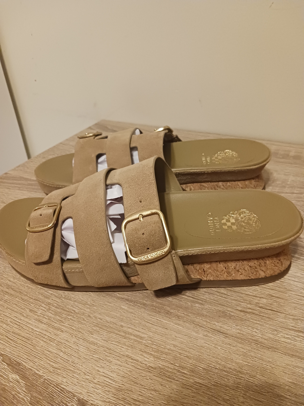 Vince Camuto Suede Double-Buckle Slide Sandals in Tan